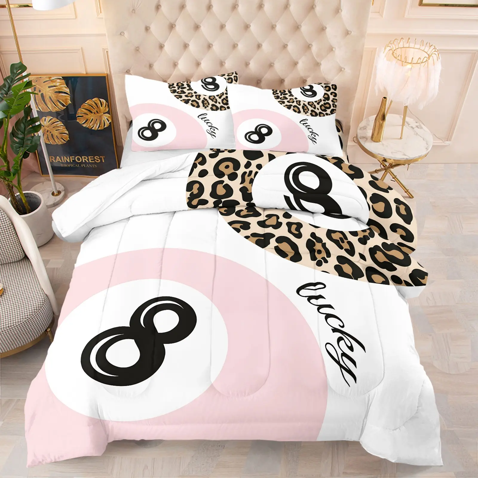Pink Leopard Print Lucky Number 8 Quilted Comforter Set, Include 1 Quilt Core and 1/2 Pillowcases, Sweet Cool Girlish Bedroom Bedroom Warm Quilt, Modern Contrast Color Geometric All Seaons Bedding, Medium Thickness