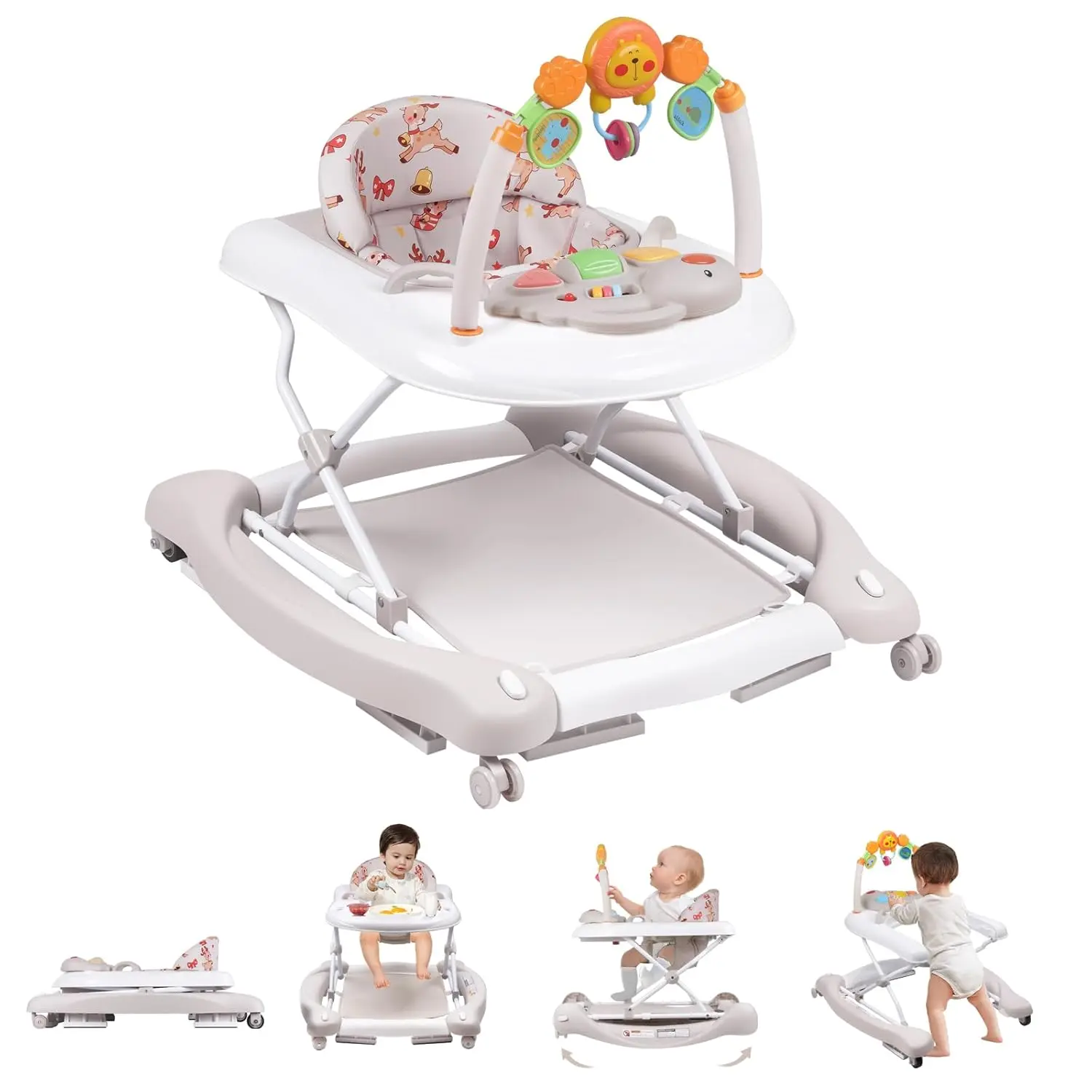 Baby Walker, 5 in 1 Baby Walkers  Boys Girls 6-12 Months, Foldable Walkers  Babies with Bouncer & Feeding Tray, Music, Adjustable Heights, Activity Walker  Infant