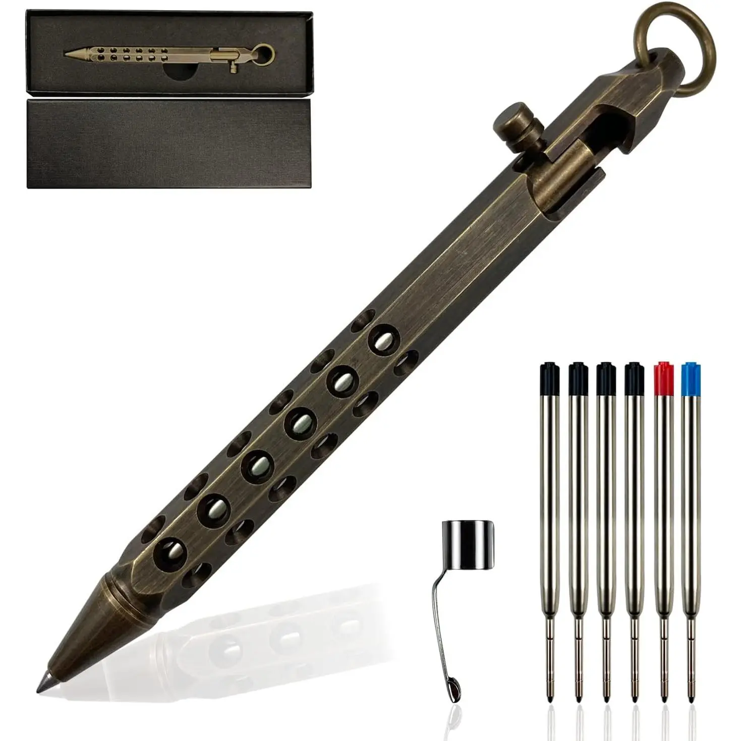 Bolt Action Pen, Solid Brass edc Pen Six- Pocket Metal  Pen with Refills and Clip Signature Pen for Business, Christmas, Birthday (Black)
