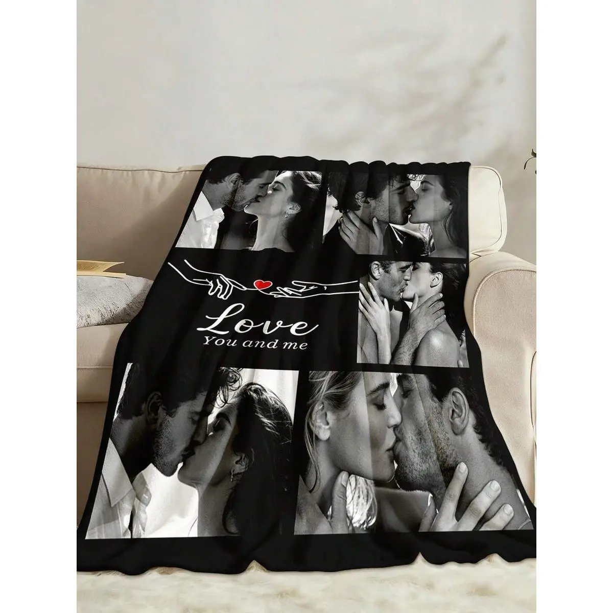 Customized Wrinkle-Resistant Flannel Blanket (30x40), Soft Warm Throw for Adults’ Bedroom Couch, Black White Couple Collage Red String Heart Long Distance Gift, Valentine’s Anniversary Christmas Present