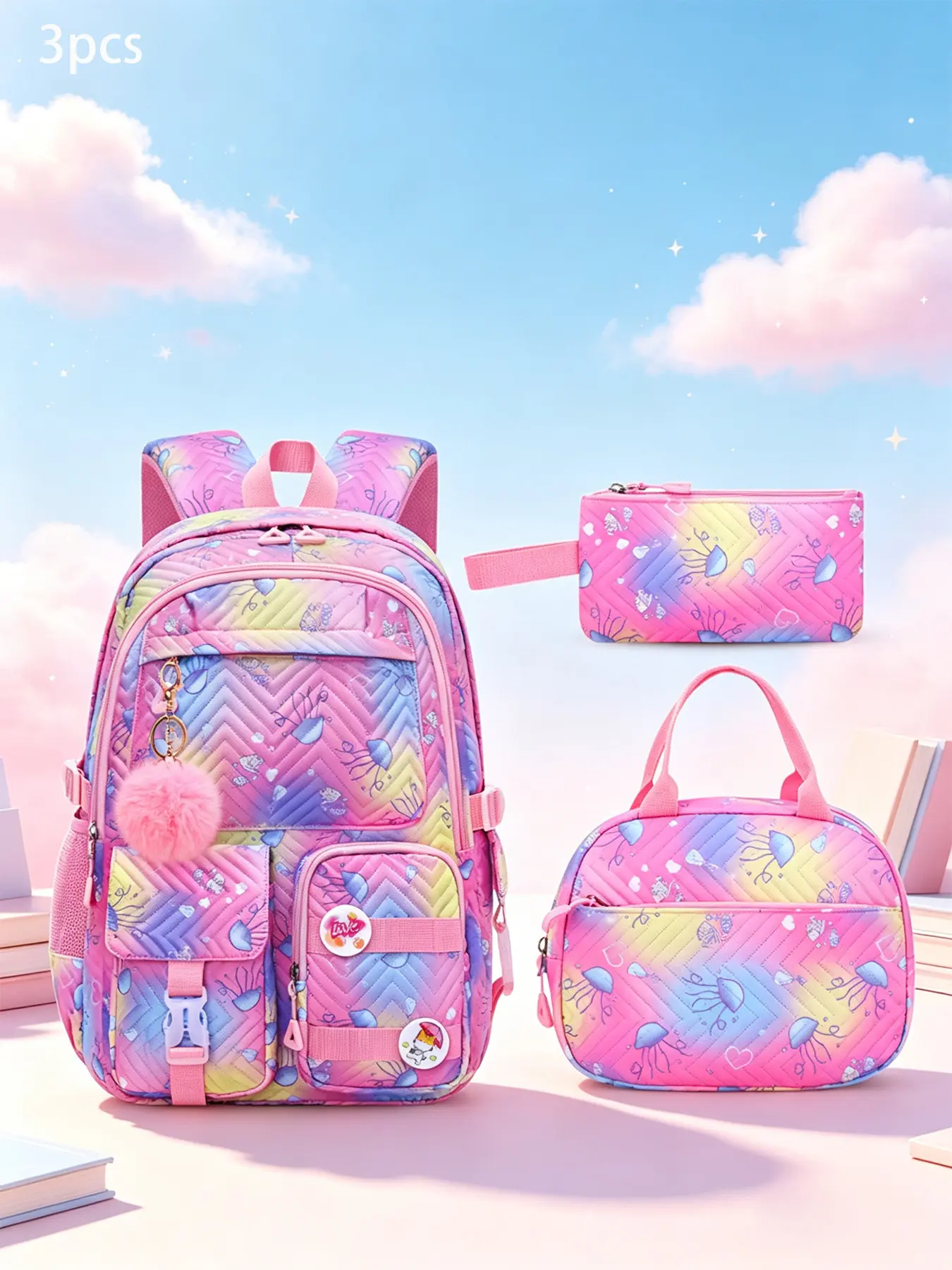 3pcs Gradient Jellyfish Print Quilted Backpack Set Multi-Layer Zipper Compartments Mesh Padded Shoulder Straps Pom Pom Pendant Matching Lunch Bag Stationery Pouch Large Capacity Daily Storage for Campus Study, School Backpack Set