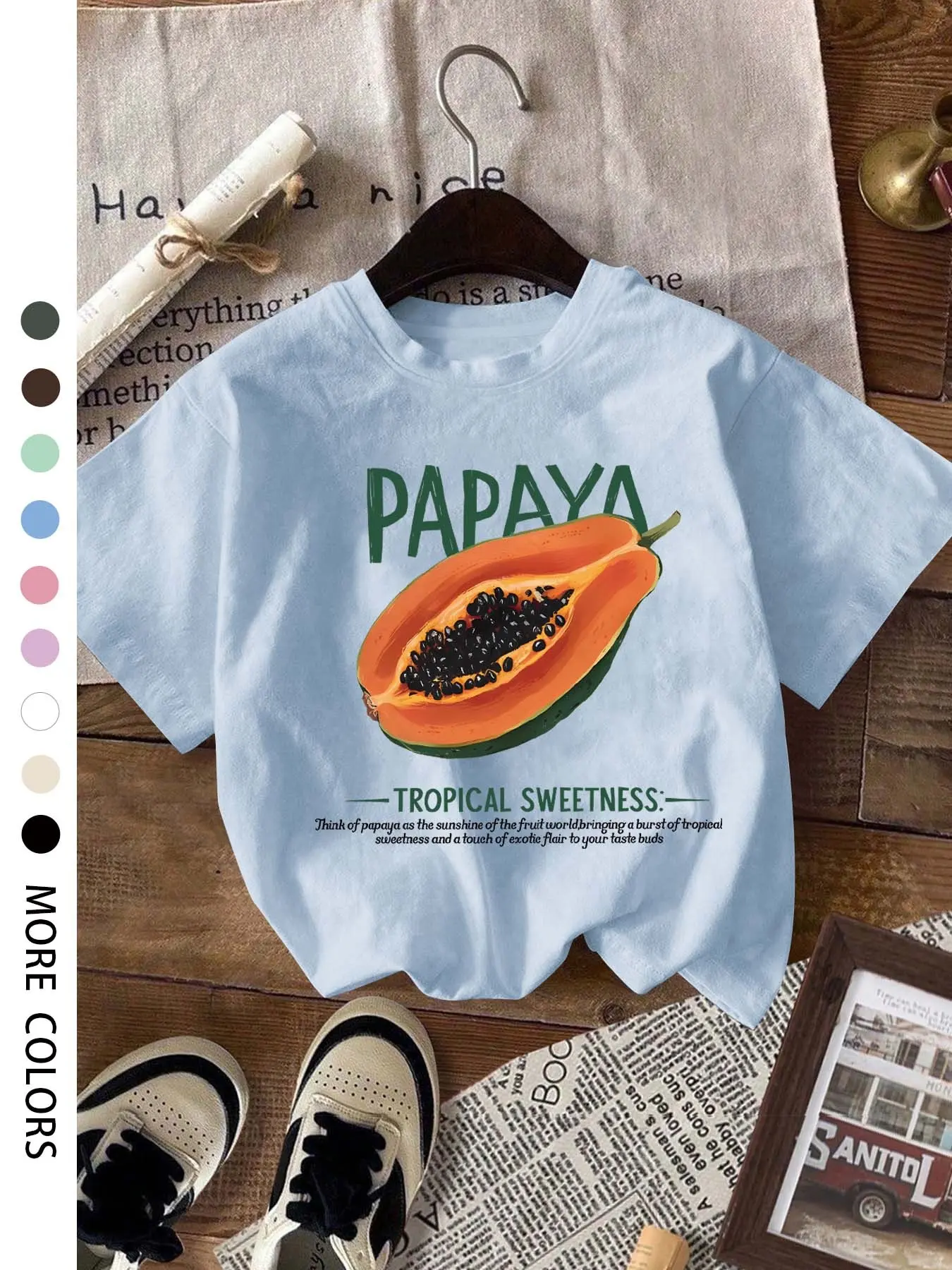Women's Round Neck Short Sleeve T-Shirt, Papaya Graphic Print, Casual Wear, Soft Breathable Fabric, Perfect Summer Fashion Top, Casual Comfy Tee, Casual Comfy Clothes