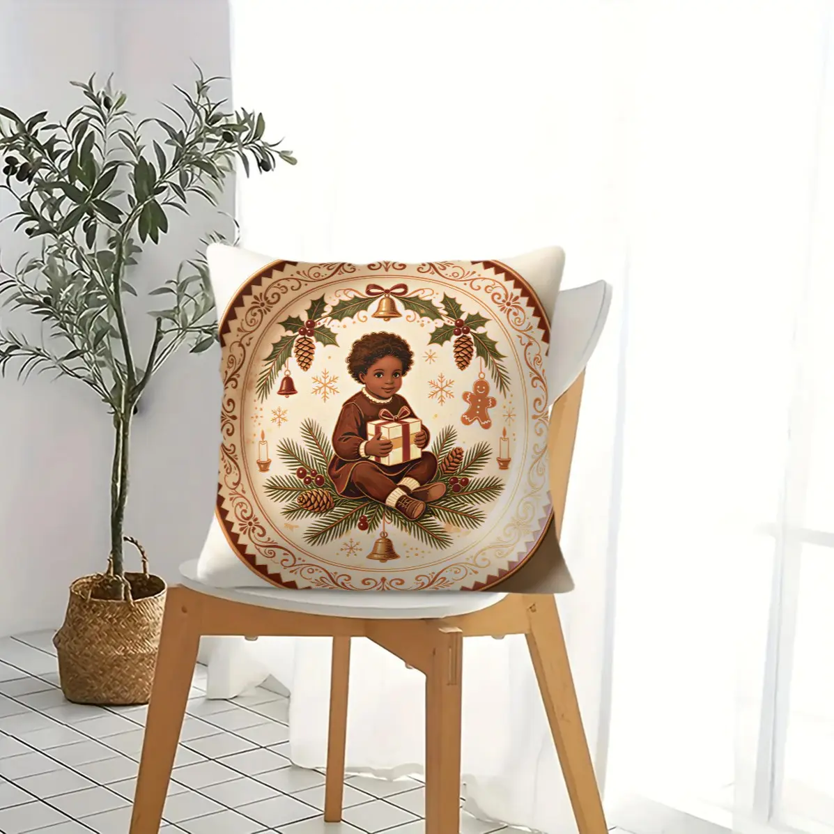 Warm Brown Vintage Folk Art Sun Wreath Print Kids Throw Pillow - Machine Washable Trendy Print, Fluffy Soft Filling, Festive Living Room Sofa Decor Cushion (Insert Included & Removable)