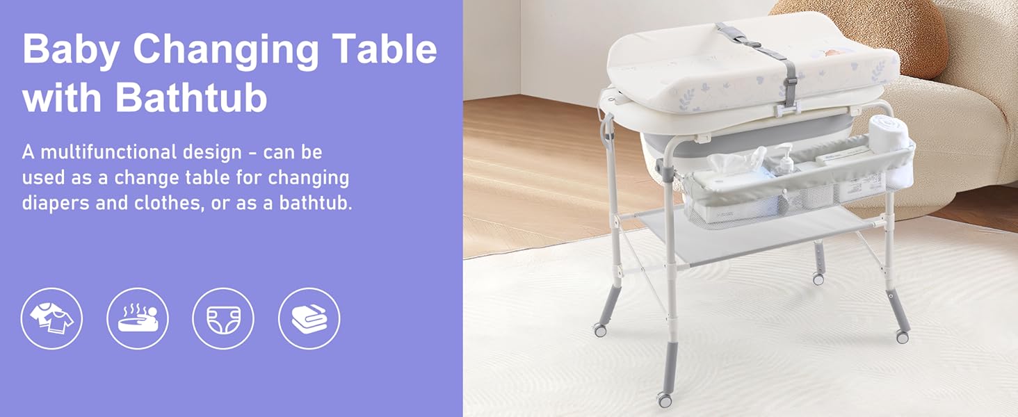 2-in-1 Baby Bathtub with Changing Table, Foldable Diaper Changing Station with 4 Wheels, Waterproof Pad, Storage Rack and Baby Bath Tub, Adjustable Height Portable Nursery Organizer for Newborn Infant