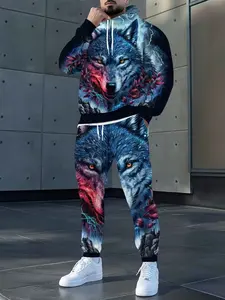 Men's Hoodie Set, Geometric Print, Loose-Fitting, Long Sleeve, Ankle-Length Pants, Casual Streetwear, All Seasons, Usa Style