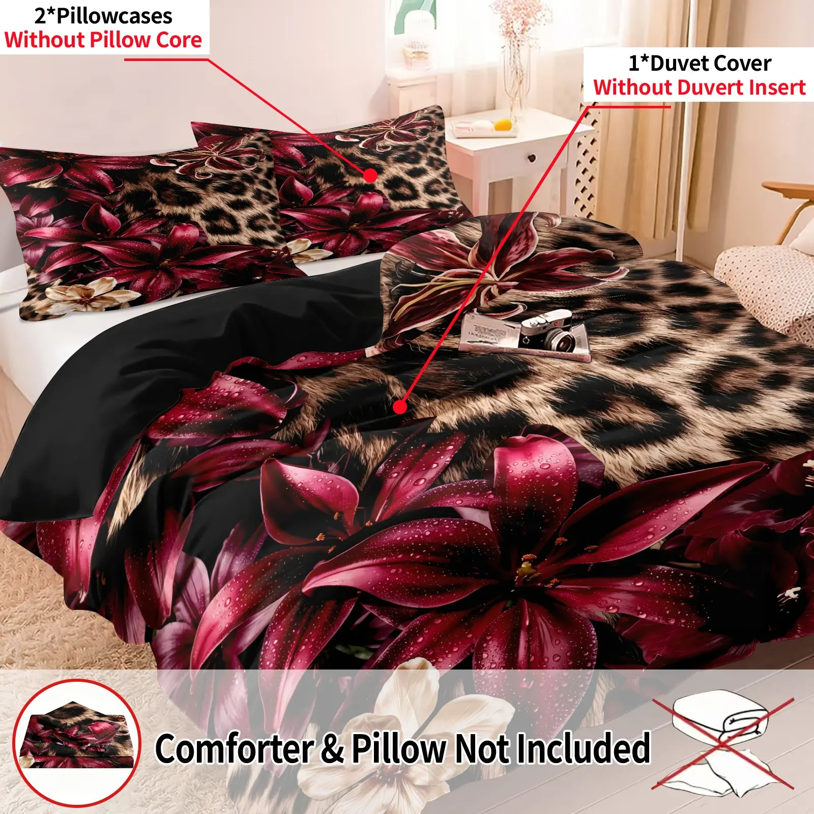 3Pcs Leopard Burgundy Lily Print Duvet Cover Set, Includes 1 Duvet Cover + 2 Pillowcases, Elegant Retro Bedding Set, Soft Comfortable & Breathable Lightweight Duvet Cover, Gorgeous Floral Leopard Print Ideal For Adult Bedroom & Dorm