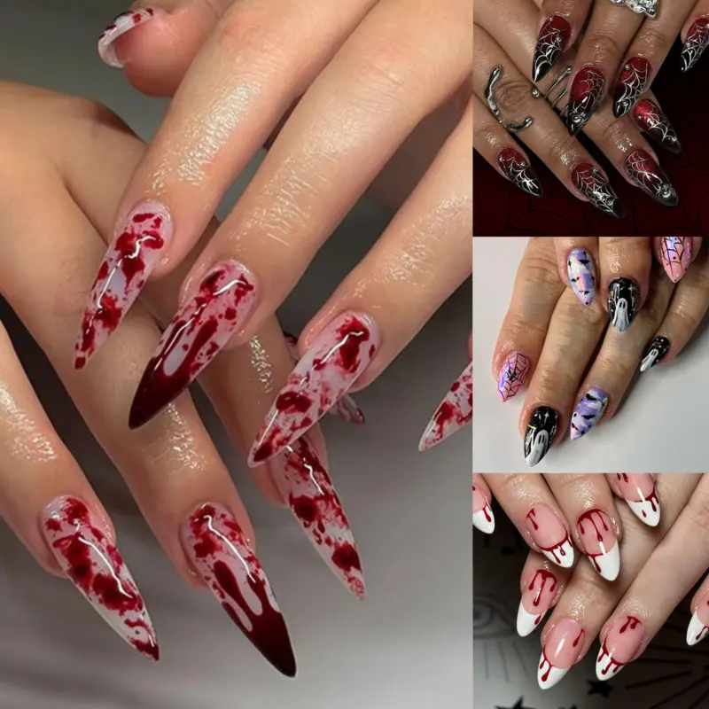 2026 Halloween Gothic Press On Nails Blood Spider Web Ghost Spooky Cute Dark Alt Aesthetic Acrylic False Nails Decorative Nails Full Cover Nails 24Pcs Coffin Ballerina Almond For Women Easy Apply Cosplay Party Daily Wear Nails Press Ons