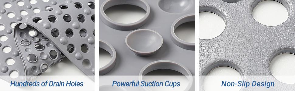 Non Slip Bathtub Mat and Shower Mat 31x17 inch,Bath Mat with Quick Dry Drain Holes and Suction Cups, Soft Comfortable Safe Bathroom Mat for Bath Tub, Floor, Tile (Grey)