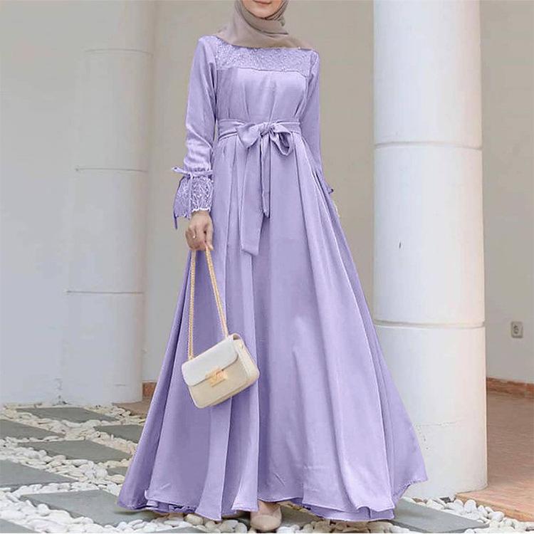Creative and Elegant Muslim Women'S Long-Sleeved A-Line Dress |   Solid Color Patchwork, Four-Way Stretch, Tie Front Detail, Perfect for Spring, Summer, Autumn Casual Wear