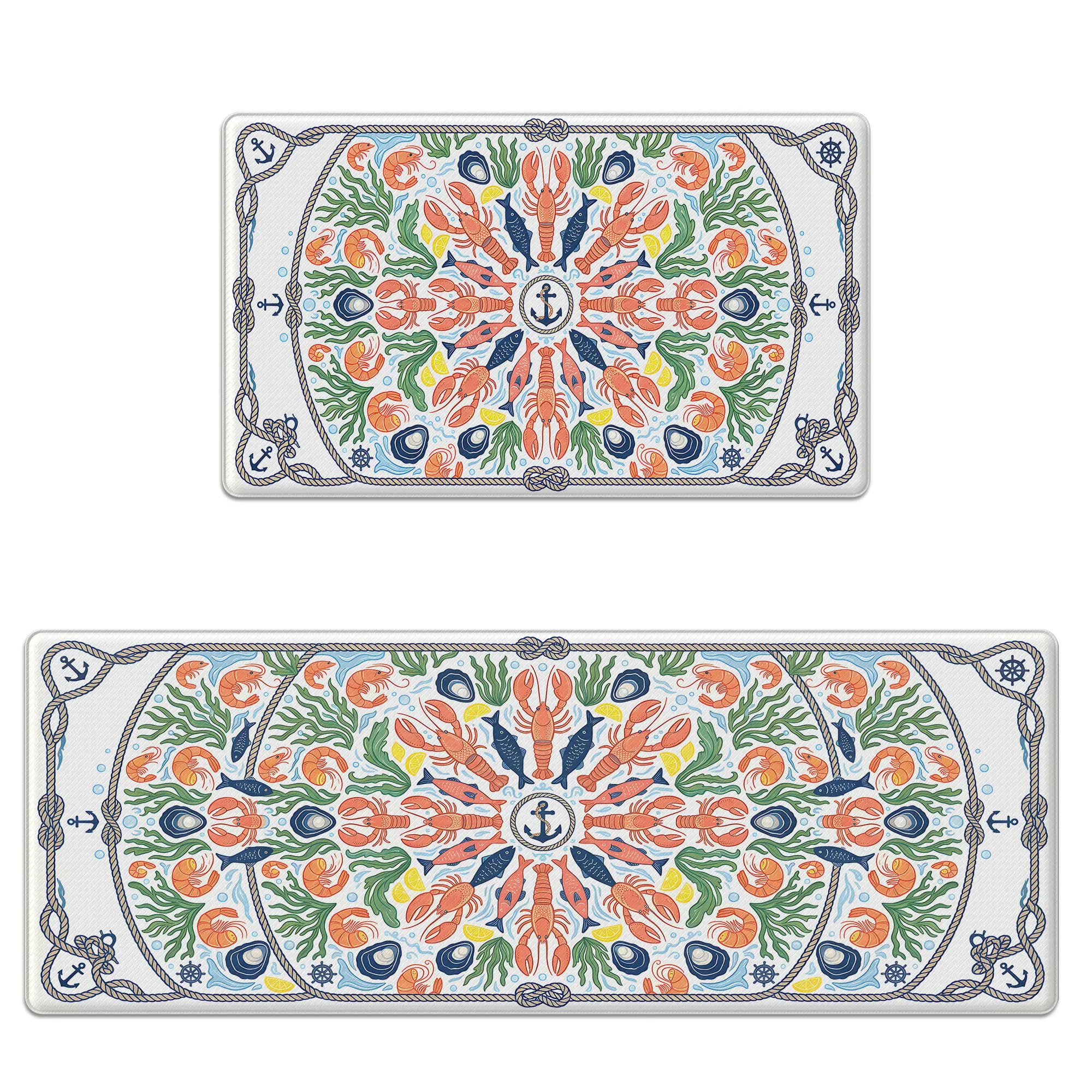 Home Kitchen Memory Foam Anti-Fatigue Mat Set, Coastal Nautical Seafood Lobster & Seaweed Pattern, Non-Slip, Scratch-Resistant, Waterproof Household Rug
