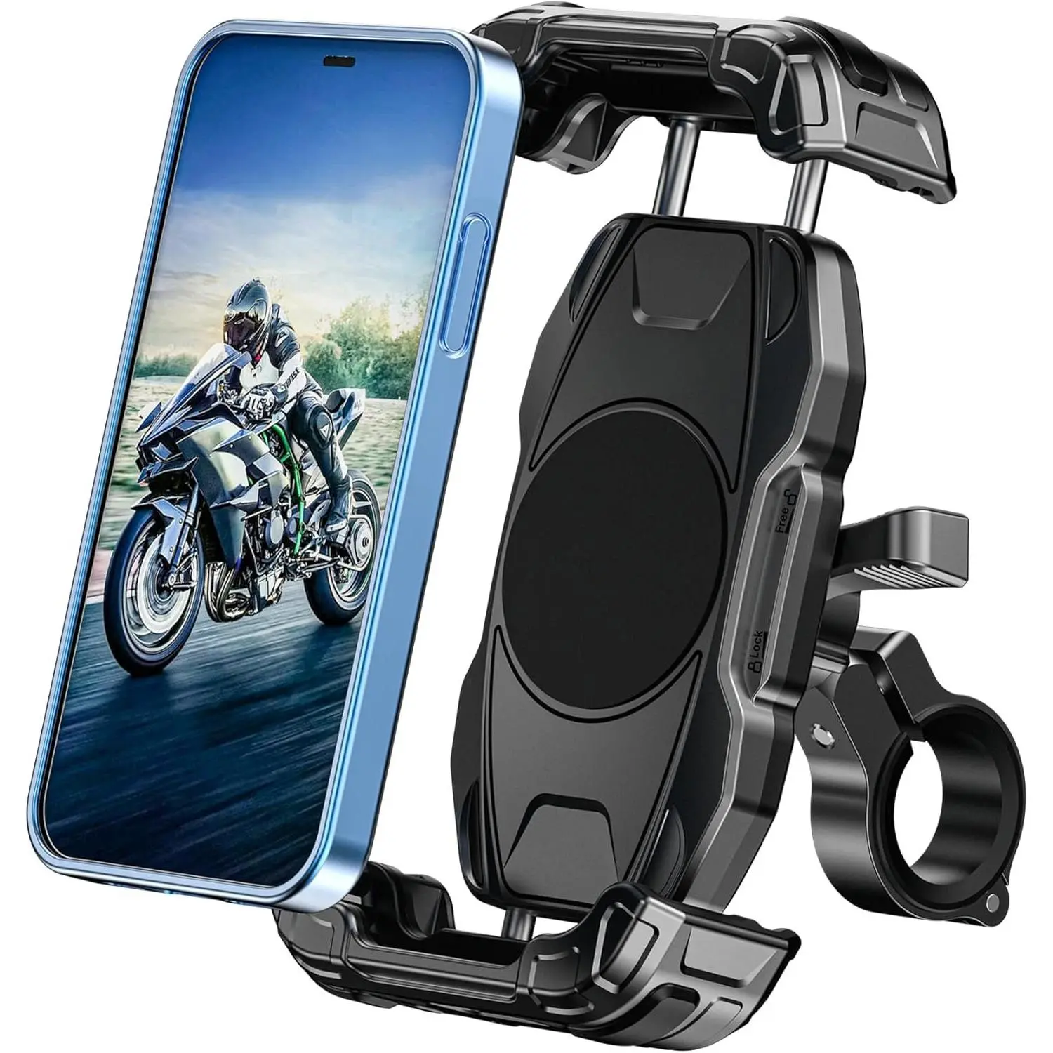 Motorcycle Phone Mount Accessories - Secure Lock Steel Clip, Adjustable Alloy Base Stand, Scooter Handlebar Clamp Fit for 5.4"-7.2" Smartphones, Mobile