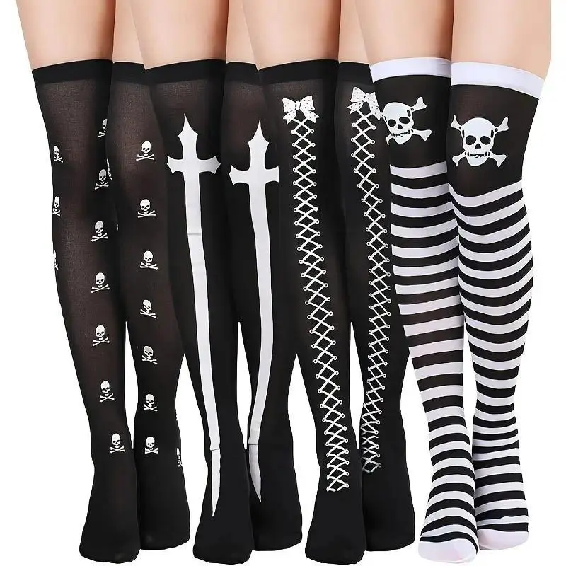 Women's Thigh High Socks 4 Pair Set, Striped Over Knee Stockings with Skull Pattern Design, Goth Punk Style Costume Socks for Halloween Party, Cosplay Outfits, Festivals, Photoshoots and Daily Fashion Wear