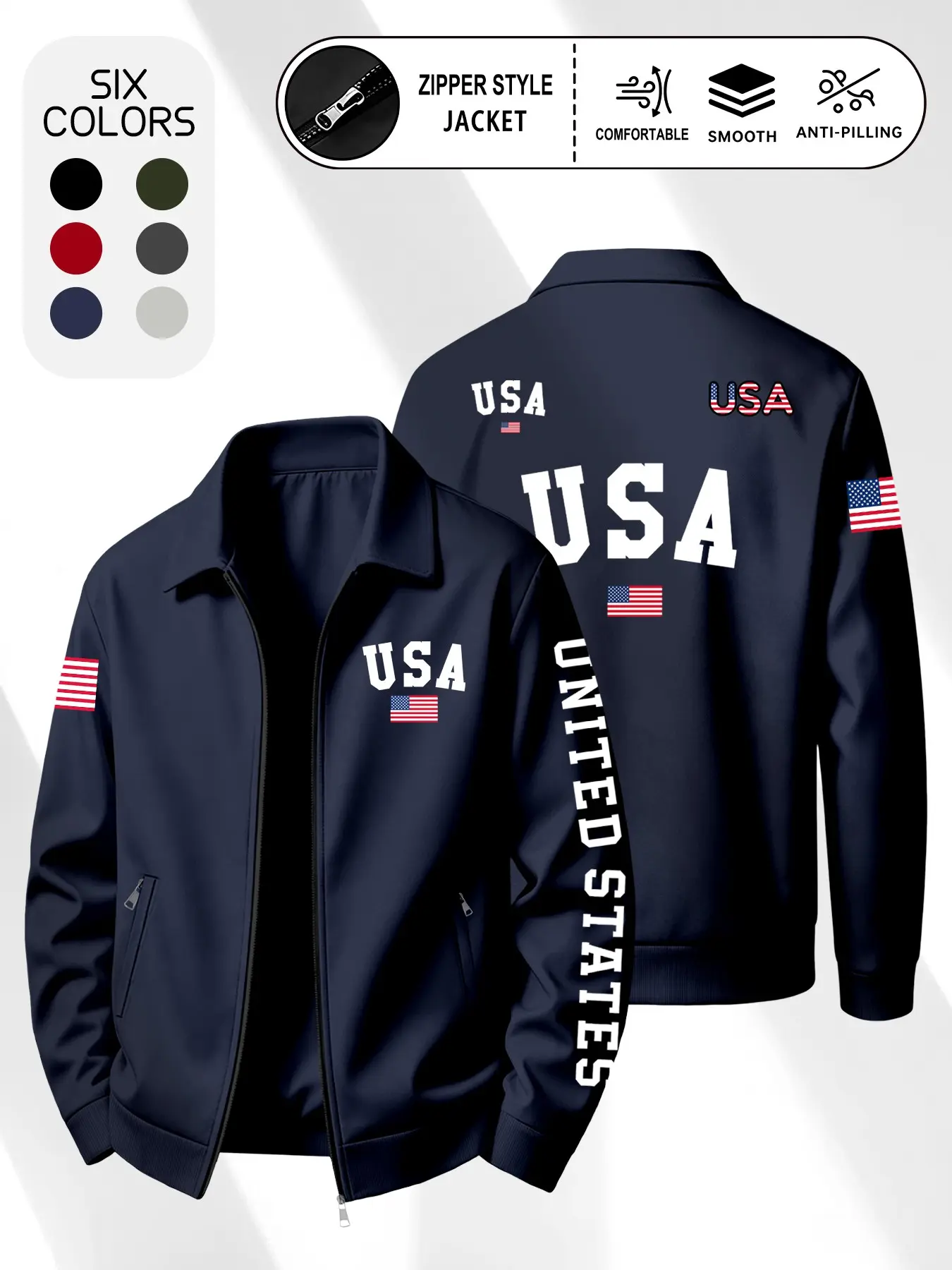 High-Quality Anti-Pilling Usa Flag Print Lapel Jacket, Men's Casual Zipper Outerwear, Versatile Fashion Spring & Fall Coat