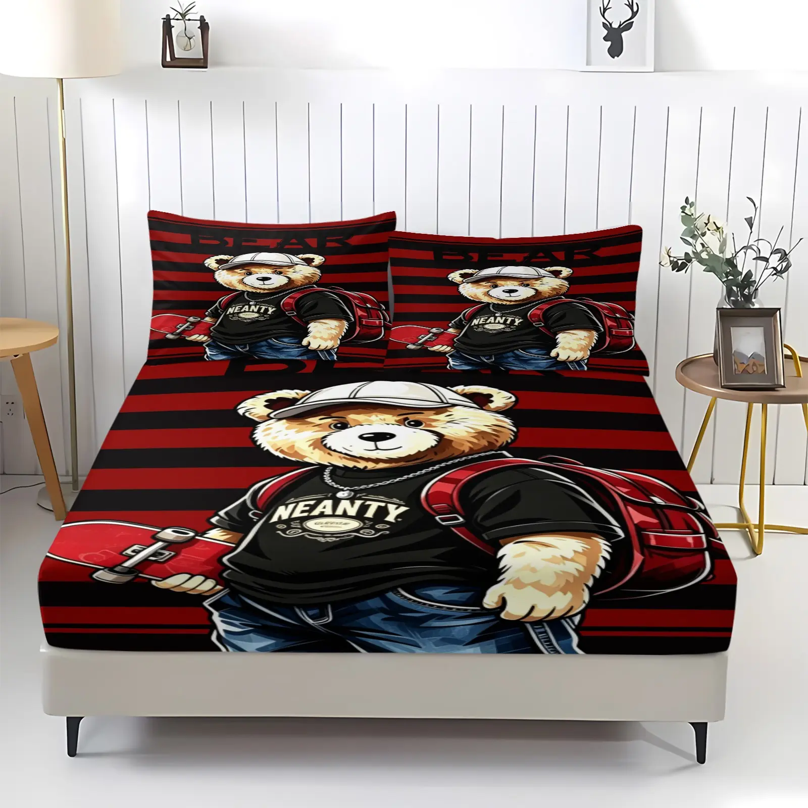 Teddy bear printed pattern bed sheet, including 1 bed sheet and 2 pillowcases, anti slip dust cover suitable for bedrooms and guest rooms, suitable for personal use or gift giving, Bedsheet Sets, Decorative bedsheet sets