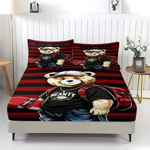Teddy bear printed pattern bed sheet, including 1 bed sheet and 2 pillowcases, anti slip dust cover suitable for bedrooms and guest rooms, suitable for personal use or gift giving, Bedsheet Sets