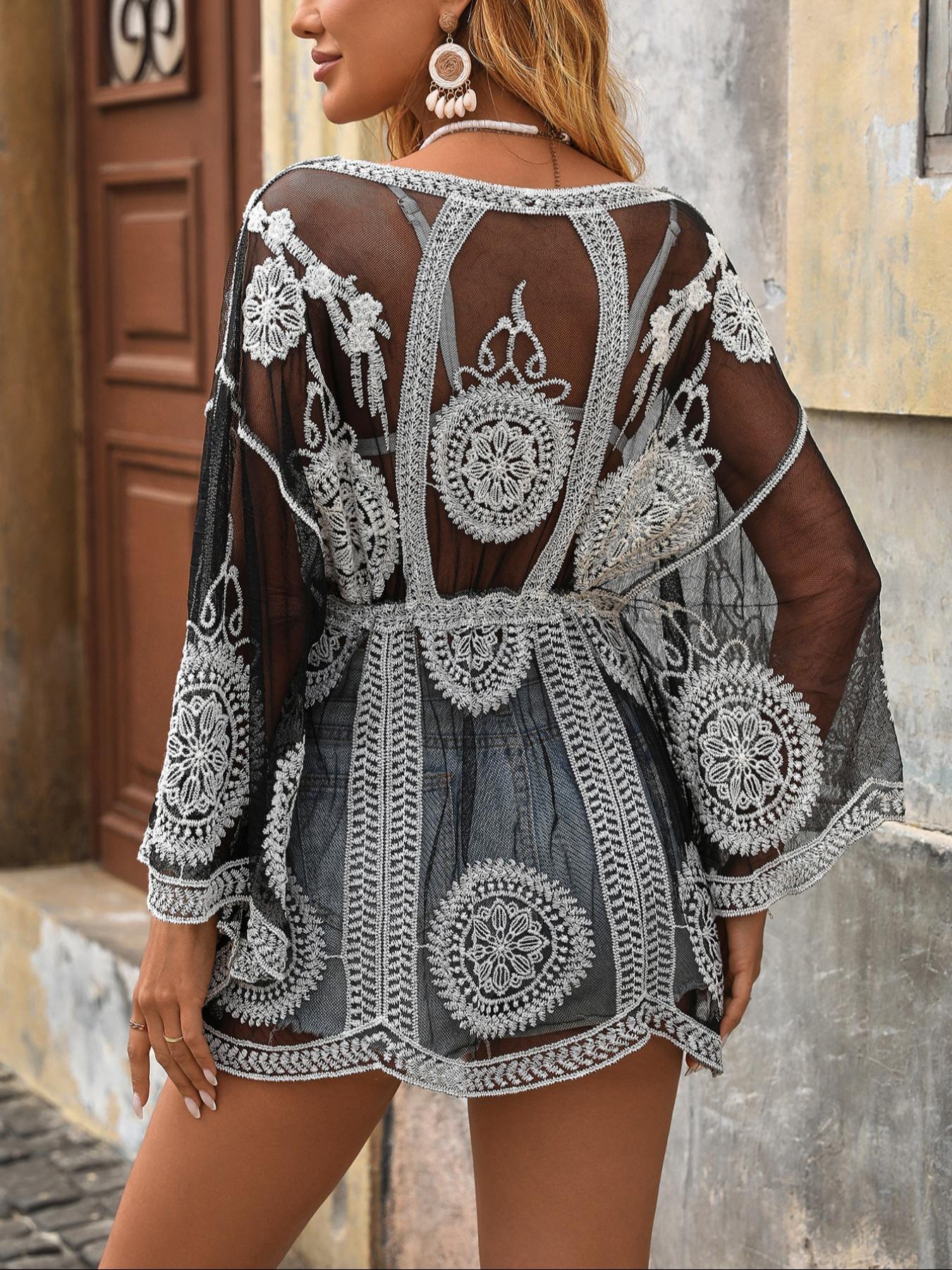 Women's Floral Pattern Batwing Sleeve Cover Up, Boho V Neck Semi-sheer Cover Up for Beach Holiday Vacation, Ladies Clothes for All Seasons