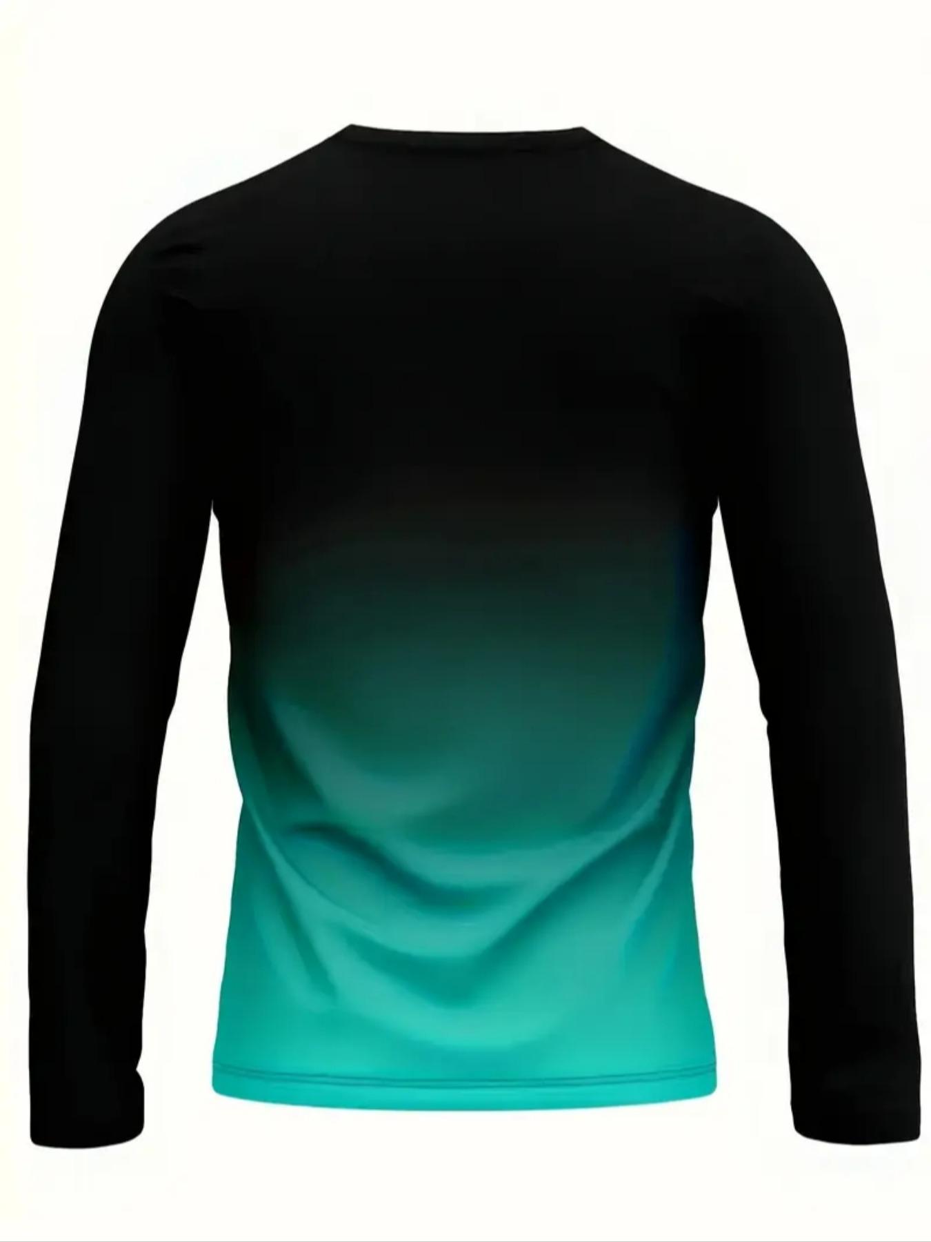 Men's Casual Long Sleeve Fitted T-Shirt, Gradient Color, Polyester Material, Round Neck, Letter Print Design