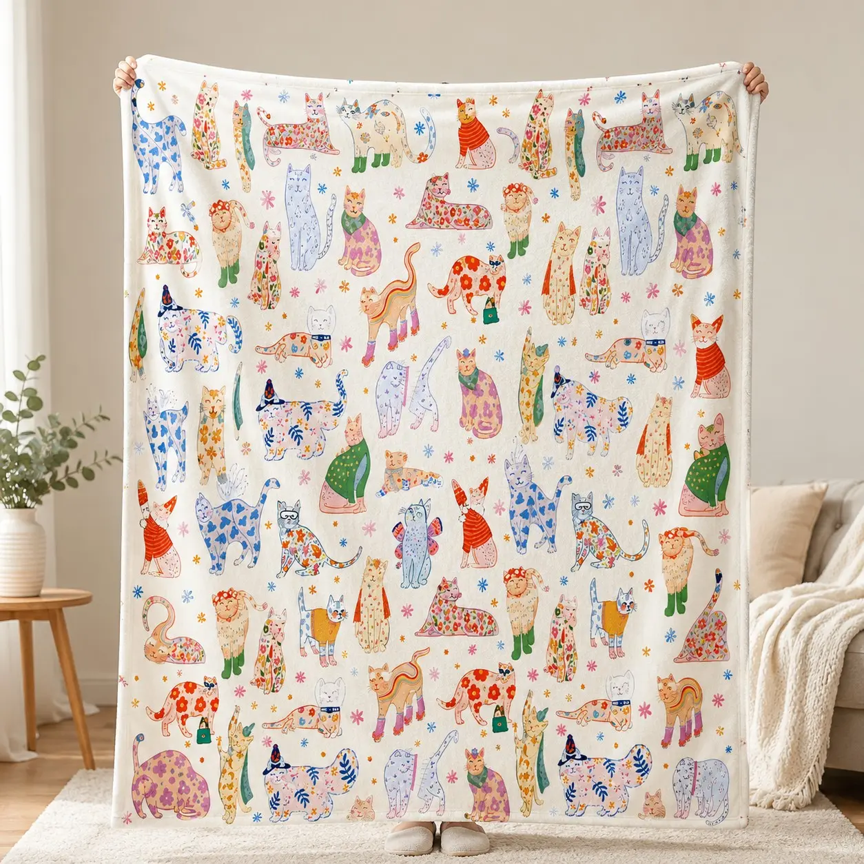 Colorful Cartoon Cat Print Fleece Throw Blanket, Soft Cozy Blanket for Sofa Bed Couch Dorm, Cat Lover Room Decor Gift