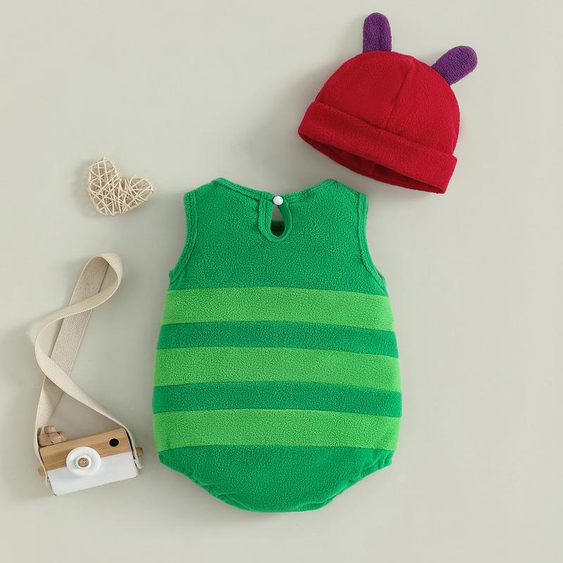 Toddler Newborn Baby Boy Girl Halloween Costume Caterpillar Costume Stripe Sleeveless Crewneck Romper + Hat 2Pcs Set My First Halloween Baby Boy Girl Outfit