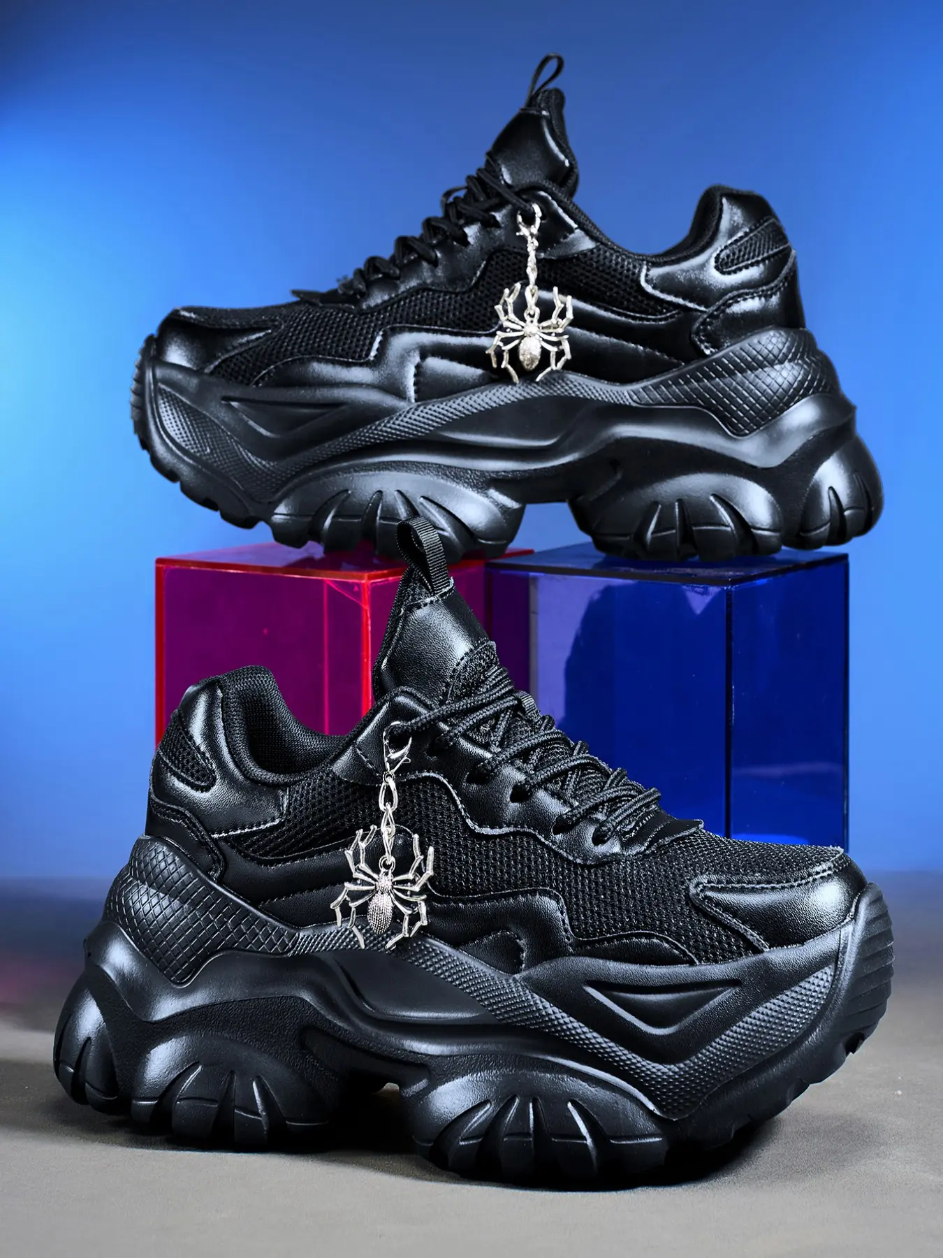 Women's Casual Shoes, 7CM Platform Height Increase, Lightweight Soft EVA Sole, Breathable Mesh Upper, Chunky Sneakers, Y2K Dark Style, Silver Spider Charm, Chain Decoration, All Season, Street Fashion, Versatile, Black Women's Shoes
