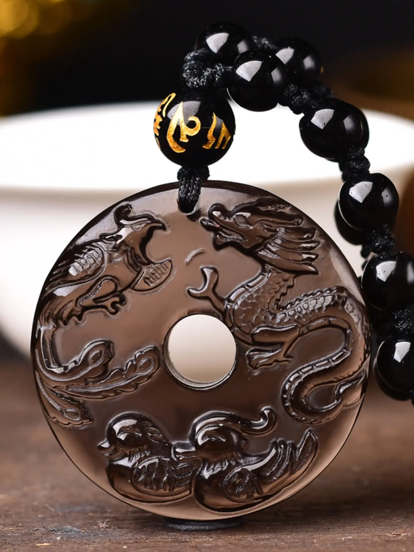Natural Ice Obsidian Dragon Phoenix Peace Pendant, Obsidian Necklace for Men and Women, Sweater Chain Jewelry