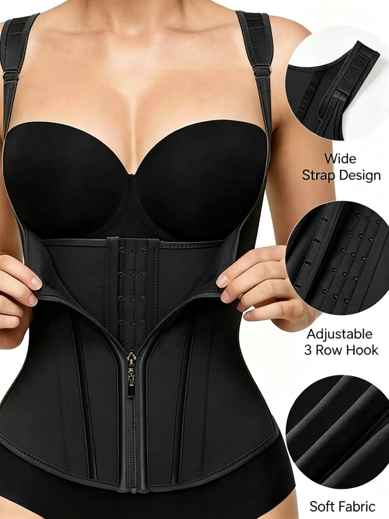 New Waist Cinching Shapewear with External Zipper and Internal Buckles, Women's Bodycon Tank Top with Wide Straps, Tummy Control Garment