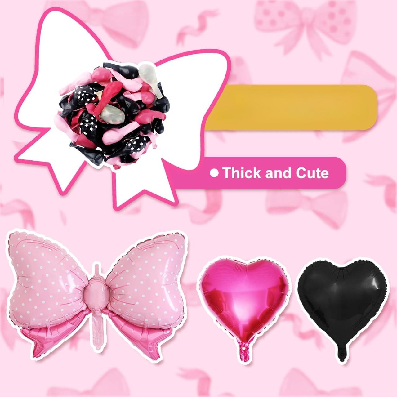 Party Pink Mouse Balloon Garland Arch Kit for Cartoon Mouse Theme Birthday Party Decorations Girl, Pink Black Rose Red Bow Foil Balloons Banners for Mouse Party Supplies