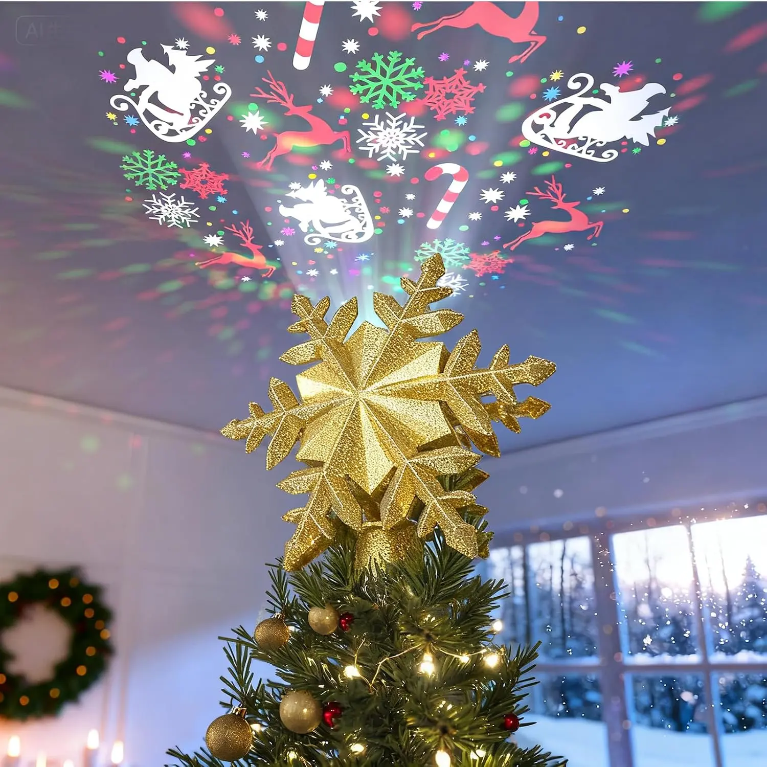 Rotating Christmas Tree Topper with 6 Projection Patterns,  | 6 Rotating Projection Patterns, Warm LED Light,  Hollow Design, Easy Tree Installation