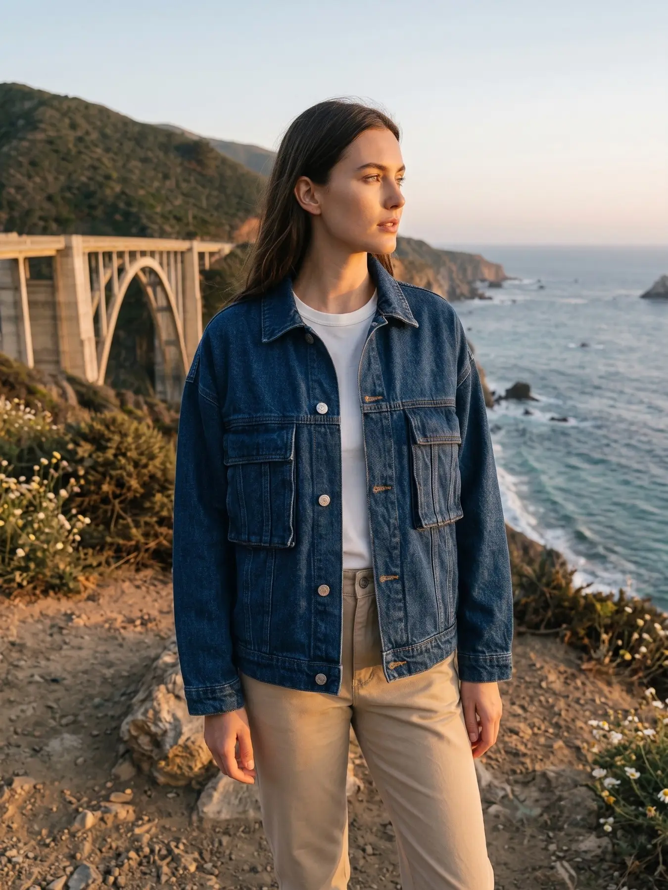 Vintage Loose-Fit Denim Jacket with Large Pockets, Fall & Winter Essential, Solid Color, Unlined, Plain Surface, Top Without Zipper