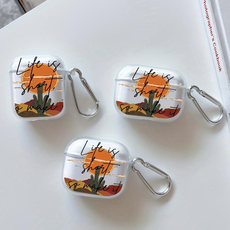 Cactus and Sundown Pattern TPU Soft Protective Case for Apple AirPods 4/3/2/1/Pro/Pro2 Transparent Earphone Cover with Keychain Attachment