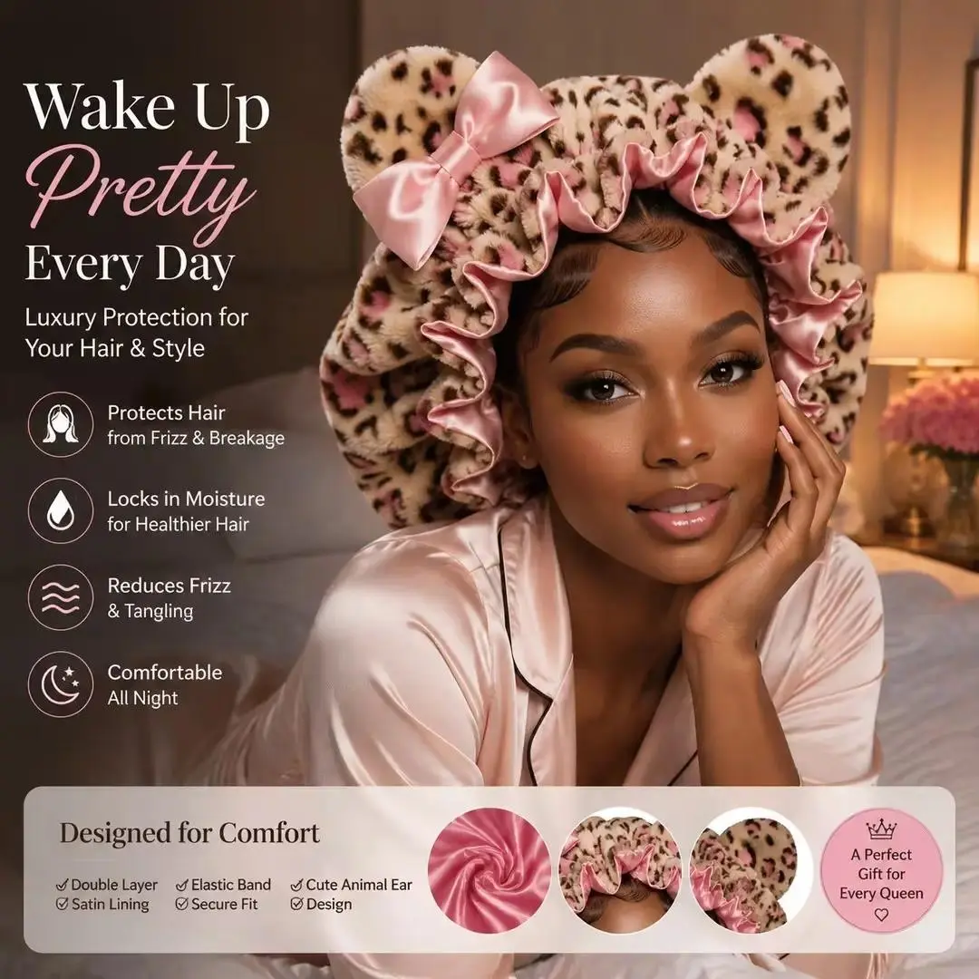 Women's Plush Satin Leopard Print Sleeping Bonnet - Double-Layer Curly Hair Nightcap with Comfort-Fit Elastic Band, Animal Ears, Hydrating Haircare for Adult Women, Heatless Curls Gift
