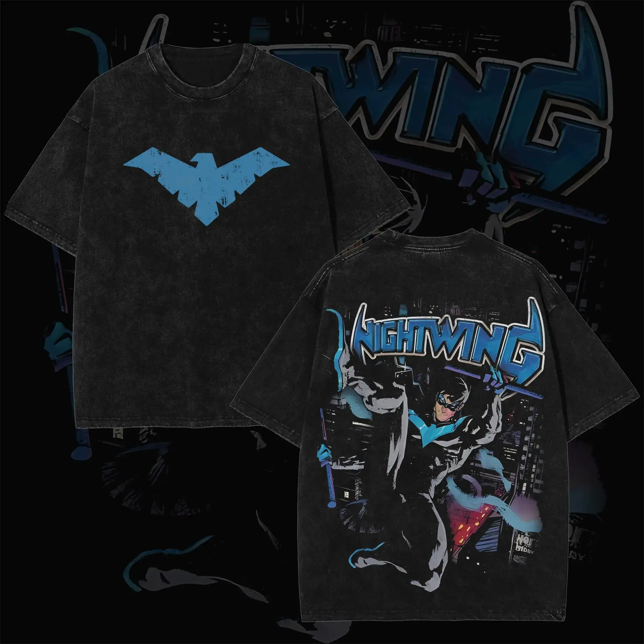 Unisex Retro Nightwing Oversized Heavyweight Cotton Graphic Shirt - Pale Blue Bird Symbol Chest Print, Bold 3D Blue "NIGHTWING" Staff-Warrior Back Graffiti, Vintage Washed Black, Relaxed Fit Seamless Apparel, Streetwear Clothing Top, Graphic Shirts