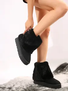 Knit Trim Short Snow Boots, Thickened Fleece Lining, Warm Cotton Boots, Korean Style, Multiple Colors, Fall Winter Outdoor Home Slip-Resistant Ladies' Boots
