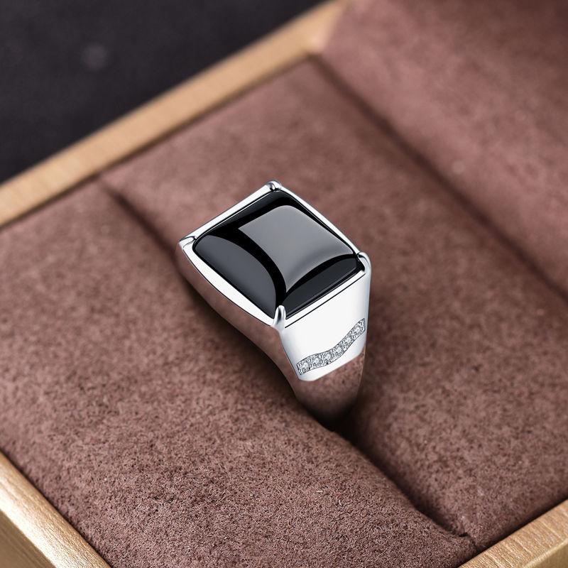 New silver advanced creative geometric diamond inlaid black agate gemstone men's lady domineering exaggerated adjustable ring