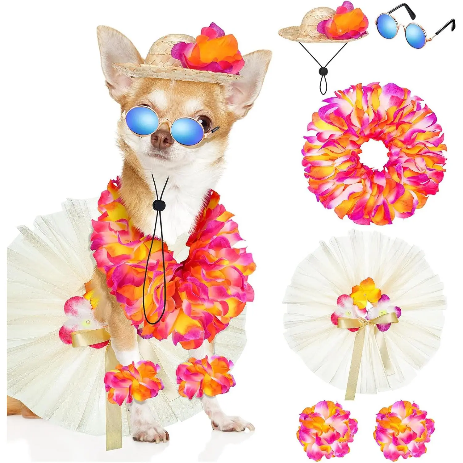 Dog 6-Piece Hawaiian Outfit Set - Tutu Skirt, Sunglasses, Summer Grass Dress, Straw Hat, Garland, Alloy Metal Photo Props with Lightweight Design for Puppy Show, Luau Party Supplies
