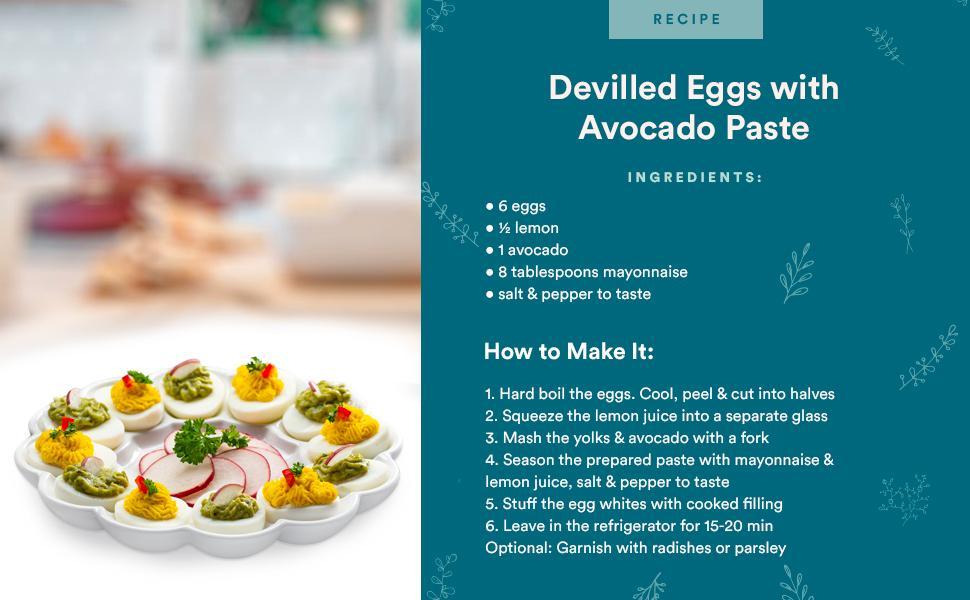 KooK Deviled Egg Platter Tray, Ceramic Easter Egg Holder, Holds 12 Eggs, Ceramic Dish, Display Holder, Dishwasher Safe, Microwave Safe, freezer Safe, Sleek, 10 Inch Diameter, White