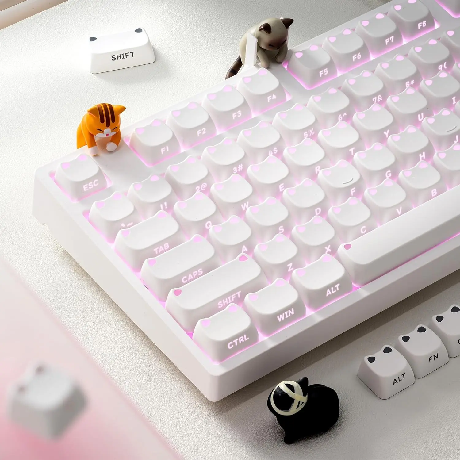 Cute Cat Mao Profile Side-Printed Shine-Through PBT Keycaps, 113 Keys Double-Shot Dye-Sublimation Creamy White Keycap Set, Compatible with MX Switches Mechanical Keyboard