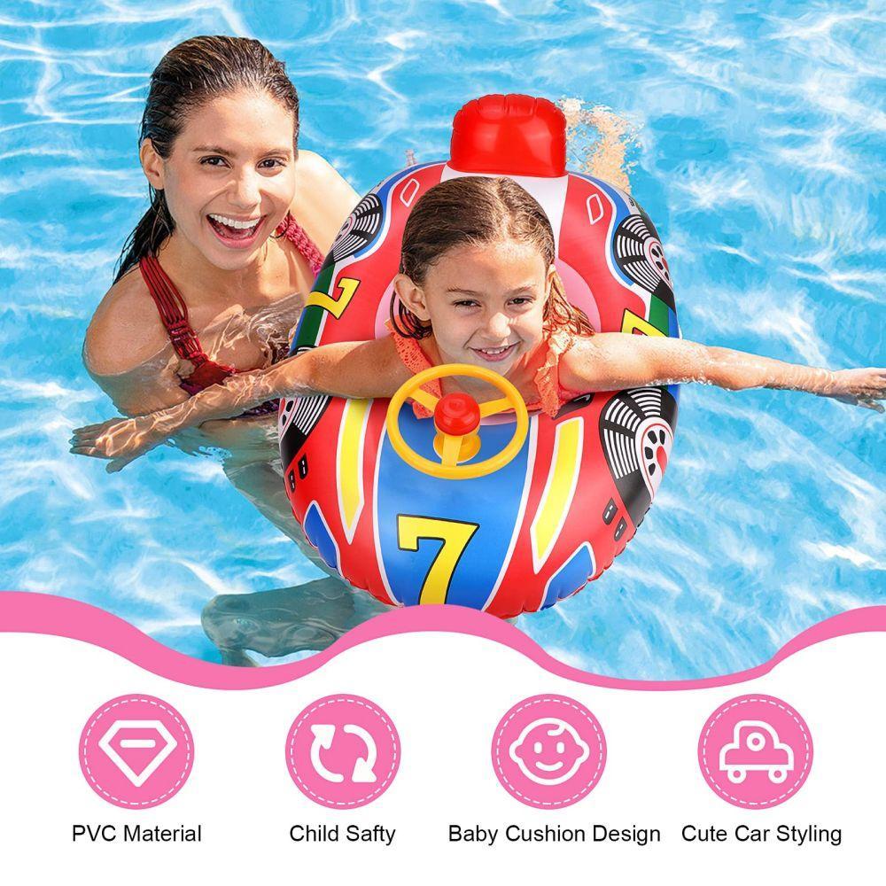 Cute Car Design Inflatable Swimming Pool Float, Inflatable Summer Beach Floatie Boat, Fun Swimming Ring with Handles Safety Seat for Girls Boys, Inflatable Pool Floats