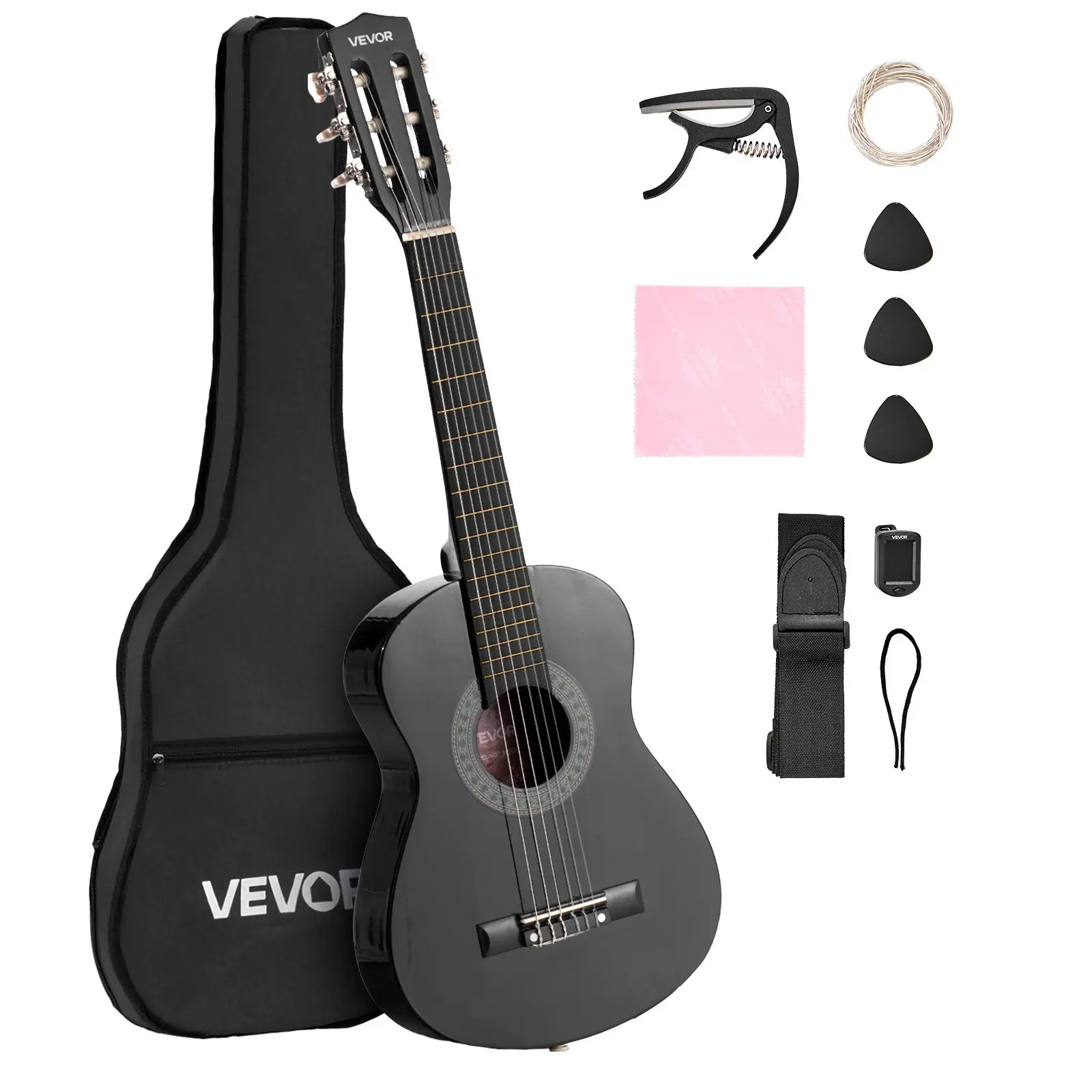 VEVOR 30 Inch Basswood Classical Guitar Starter Kit for Beginners - Nylon Strings, Gig Bag, Shoulder Strap, Tuner, Extra Strings, Picks, Capo, Dust Cloth, Tight Binding, Rich Resonance, Traveling-Friendly, Black, Beginner Friendly