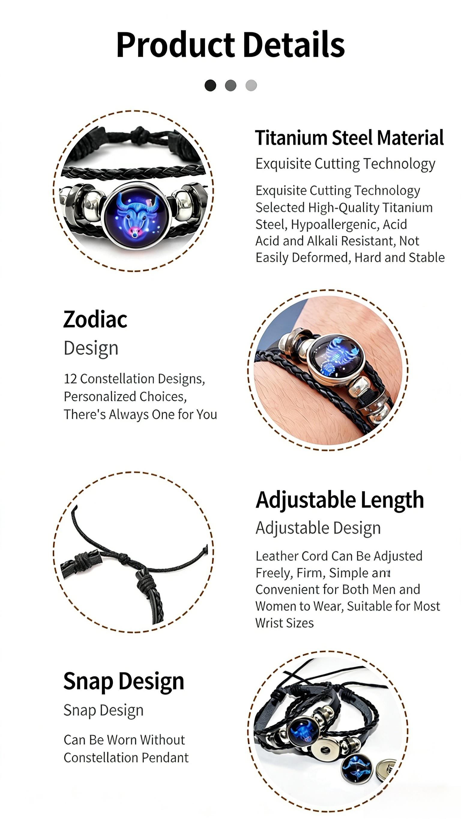 Zodiac Energy Bracelet - A black leather wrap bracelet featuring a glow-in-the-dark design that radiates positive energy.