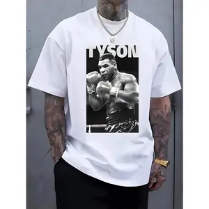 Men's Tyson Boxing Graphic Print T-Shirt - White Casual Short Sleeve Round Neck Tee with Full-Body Design, Machine Washable Summer Top for Sports Fans & Casual Wear