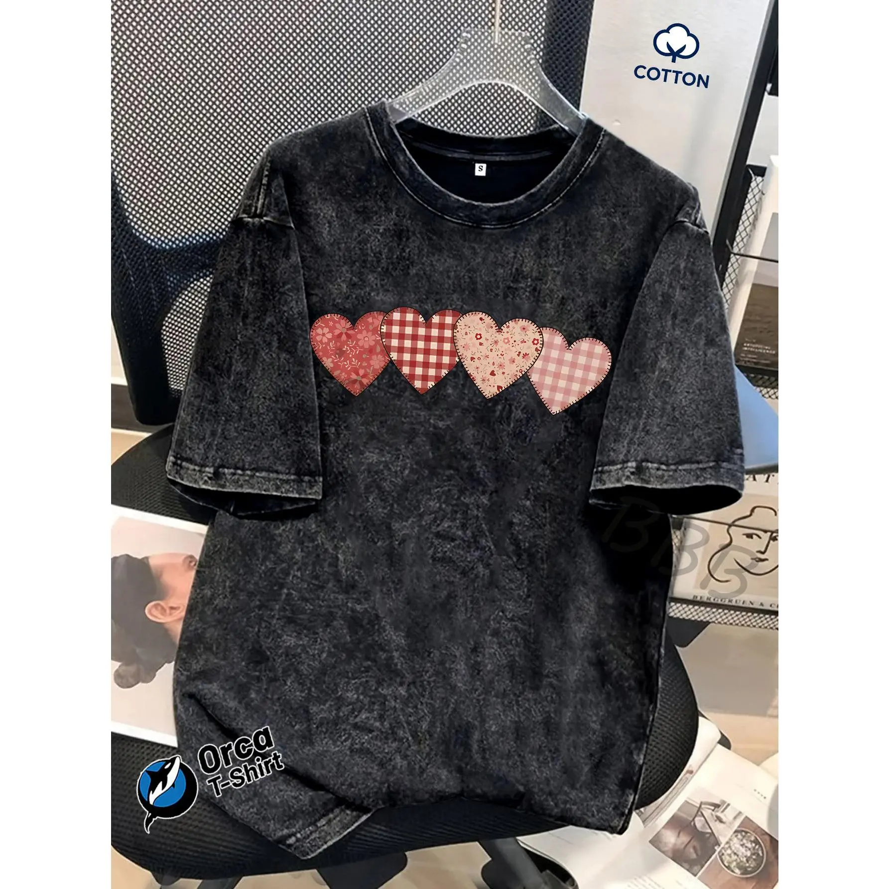 Red Check Floral Love Combination Print Pattern Washed T-shirt 100% Fabric 230g Orca Brand Is Suitable for Leisure, Outdoor Outings, S, Holidays, Gift Delivery and Other Scenes.