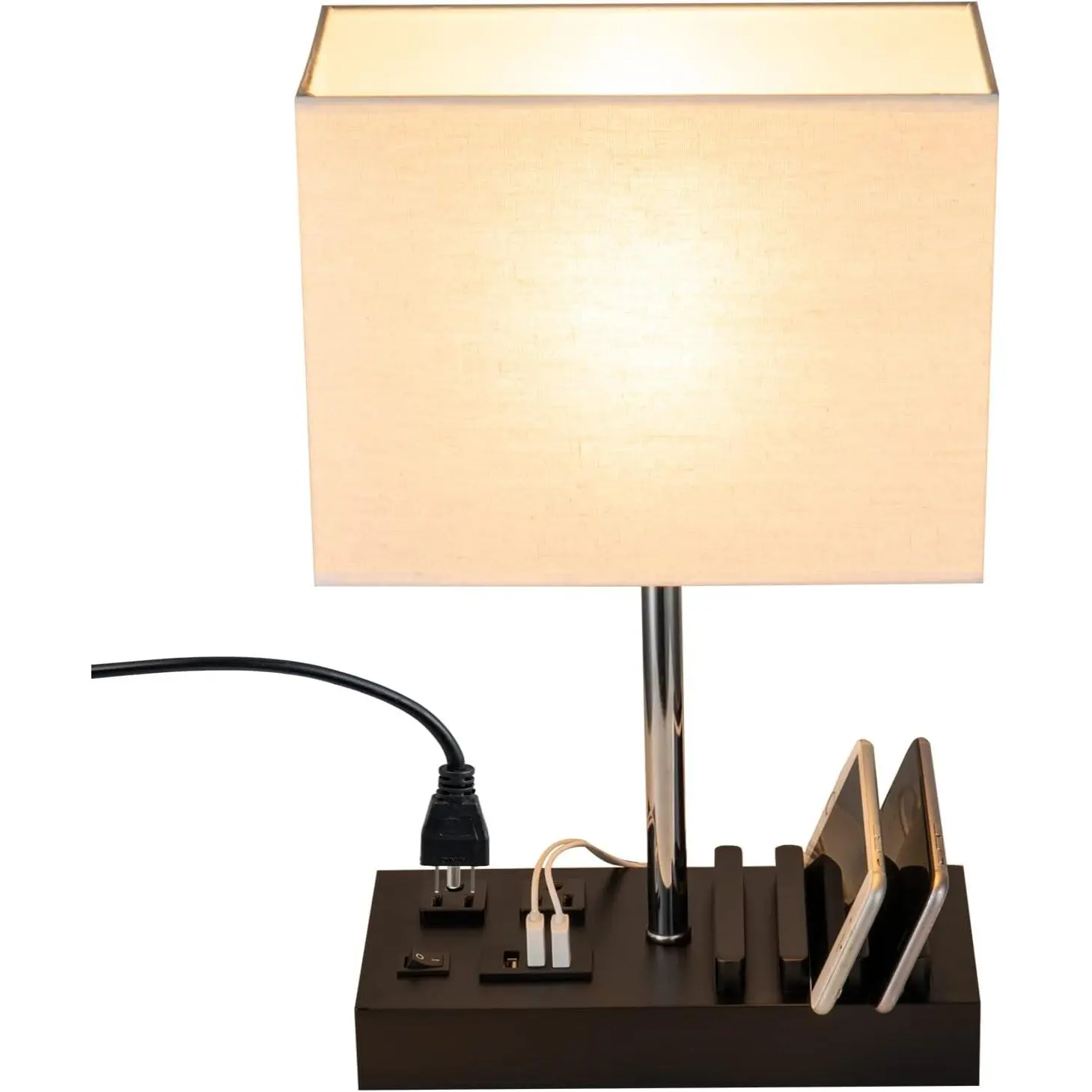 USB Table Lamp, Multi-Functional Desk Lamp with 2 AC Outlets, Bedside Lamp with 3 USB  Ports and Wooden Phone Stands, Nightstand Lamp for Bedroom, Livingroom, Office, Linen Shade