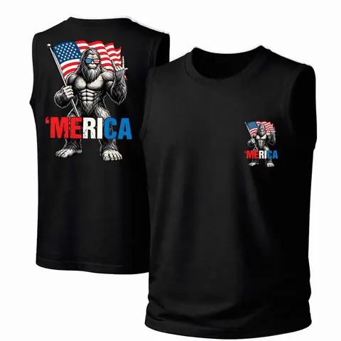 Men's Cotton Sleeveless Tank Top -Bigfoot Merica: Rocking Patriotism Printed Style. This Is A Casual Item Suitable For Both Men And Women, Especially Perfect For Spring And Summer; The Cool Print And Classic Crew Neck Cut