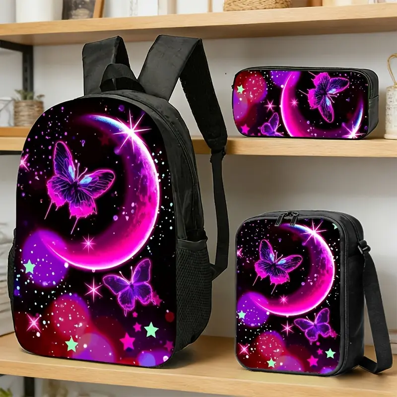 Purple Butterfly and Moon Starry Sky Print Backpack, Pencil Case, and Tote Set. High-definition Printing, Vibrant Colors, Durable. Ideal for Urban Adults Daily Commute, Travel, or Study.
