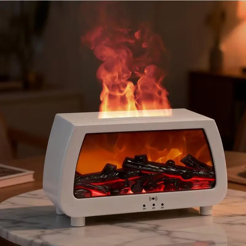 Rectangular Sound Reactive Fireplace Humidifier Aromatherapy Machine - 300ml Ultrasonic Cool Mist Diffuser, Music Sync Flame Effect, Timer, Auto-Off, Home Decor for Bedroom, Ideal Gift for Adults