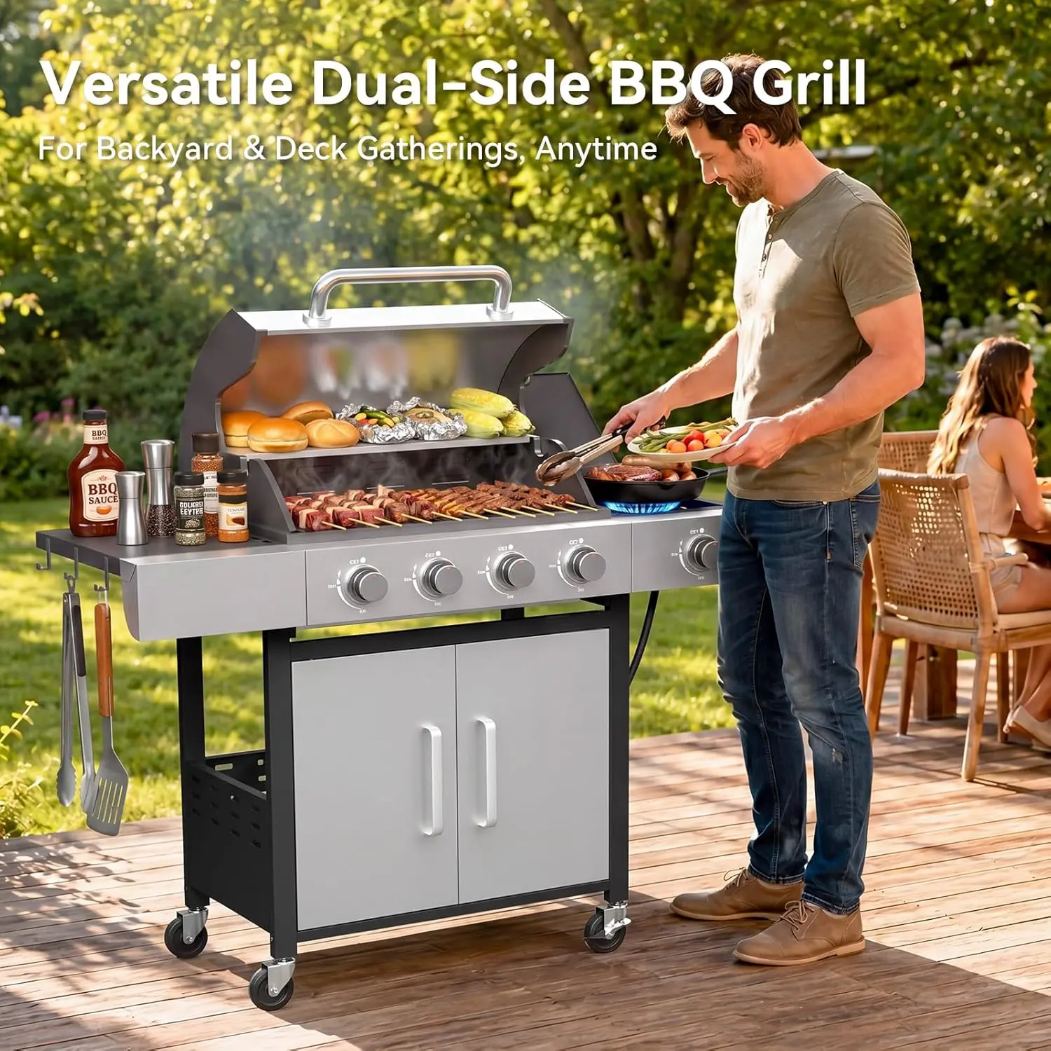 Aoxun 4-Burner Propane Gas Grill with Side Burner, 49000 BTU Stainless Steel Outdoor Grill, Cast Iron Cooking Grates, Side Shelves for Patio Backyard, Black & Silvery