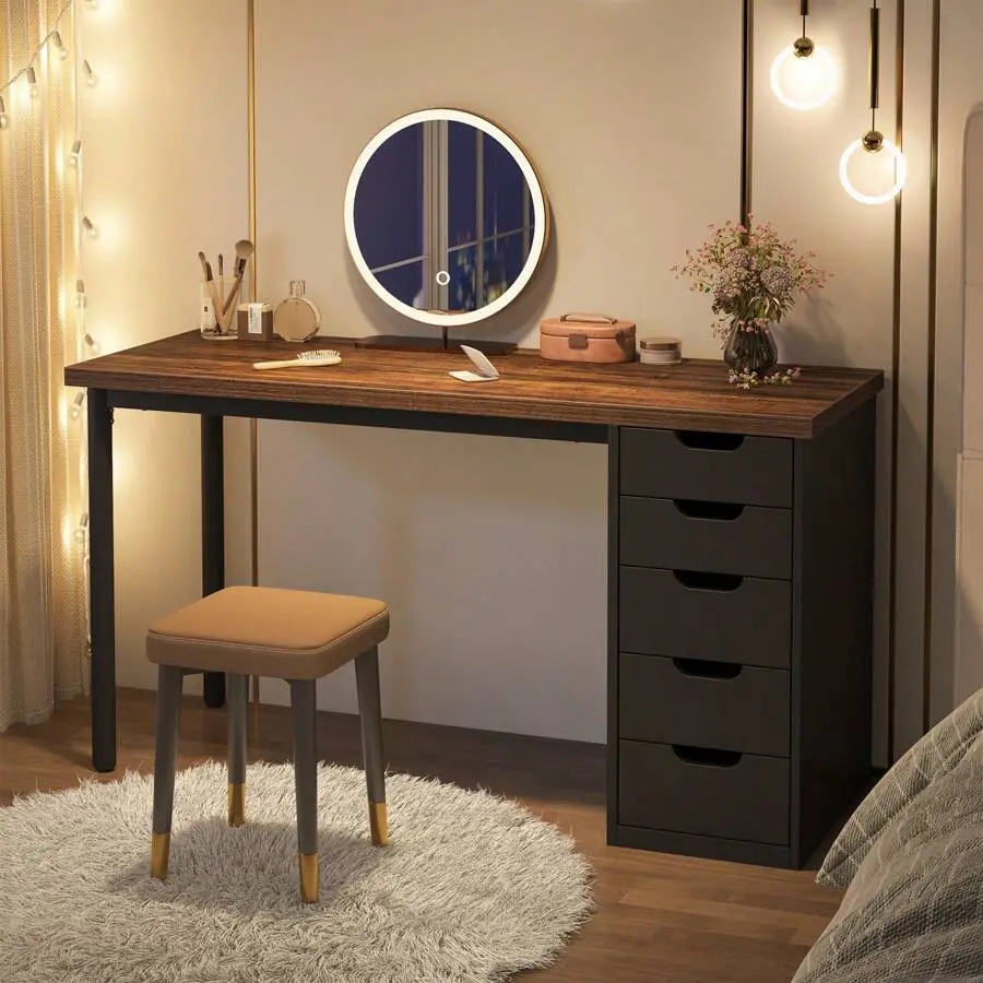 47-Inch Rustic Brown Black Makeup Vanity Desk - Sturdy MDF Board Tabletop, 5 Drawers with Safety Stops, Quick-Assembly Storage Dressing Table for Women