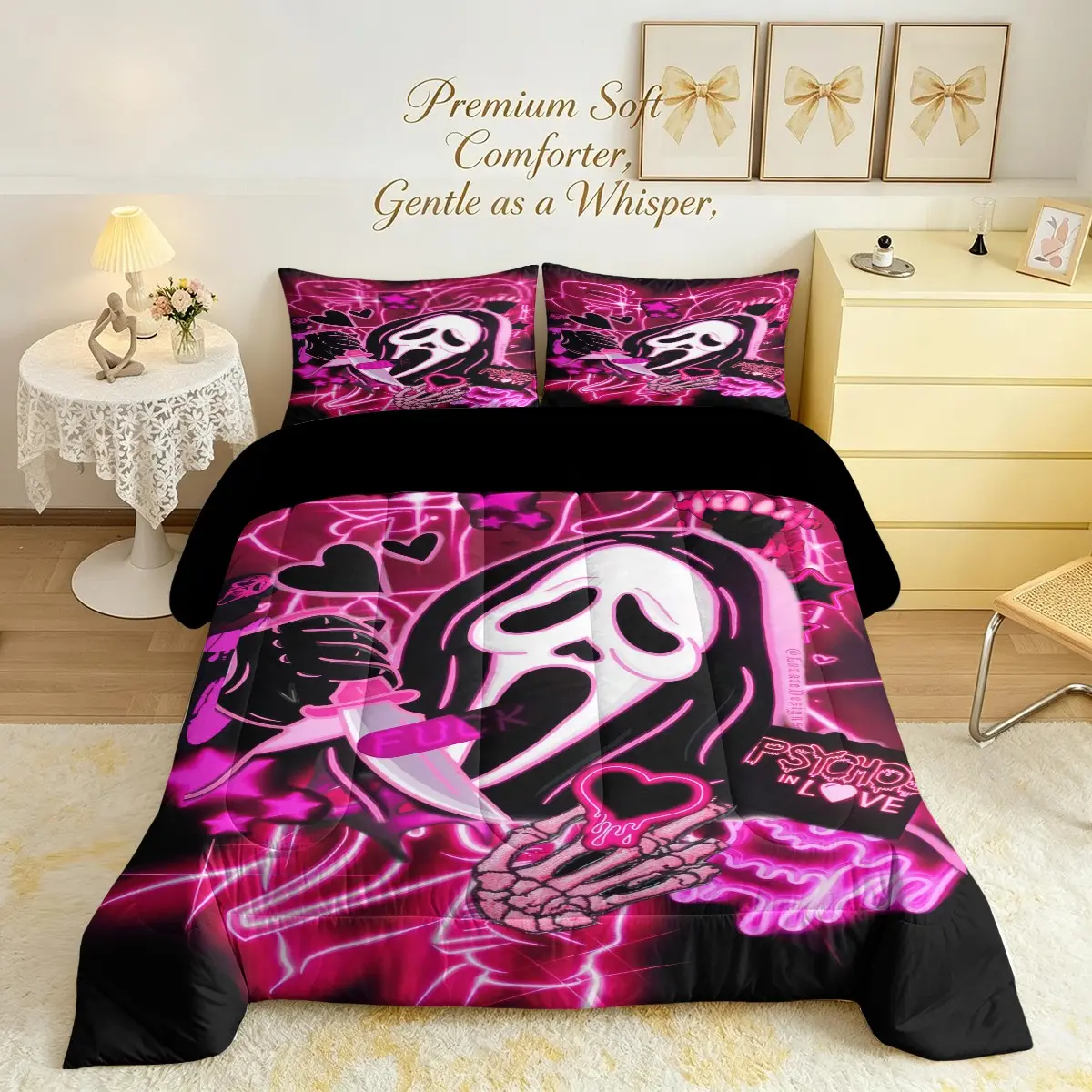 Scream Ghostface Pattern Comforter Set, Patterned Bedding Set, 2/3Pcs Halloween Theme Bedding Set (1 Quilt, 1 or 2 Pillowcase, Not Pillow Core), Breathable Quilted Quilt, Edgy Gothic Bedroom Decor, Multiple Sizes Available, Perfect Gift