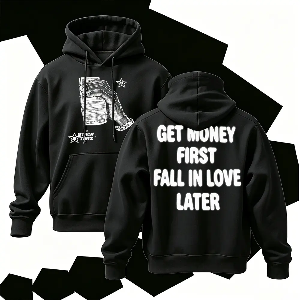 Get Money Graphic Hoodie for Men, Streetwear Money Print Sweatshirt, Motivational Quote Pullover Hoodie, Casual Oversized Style